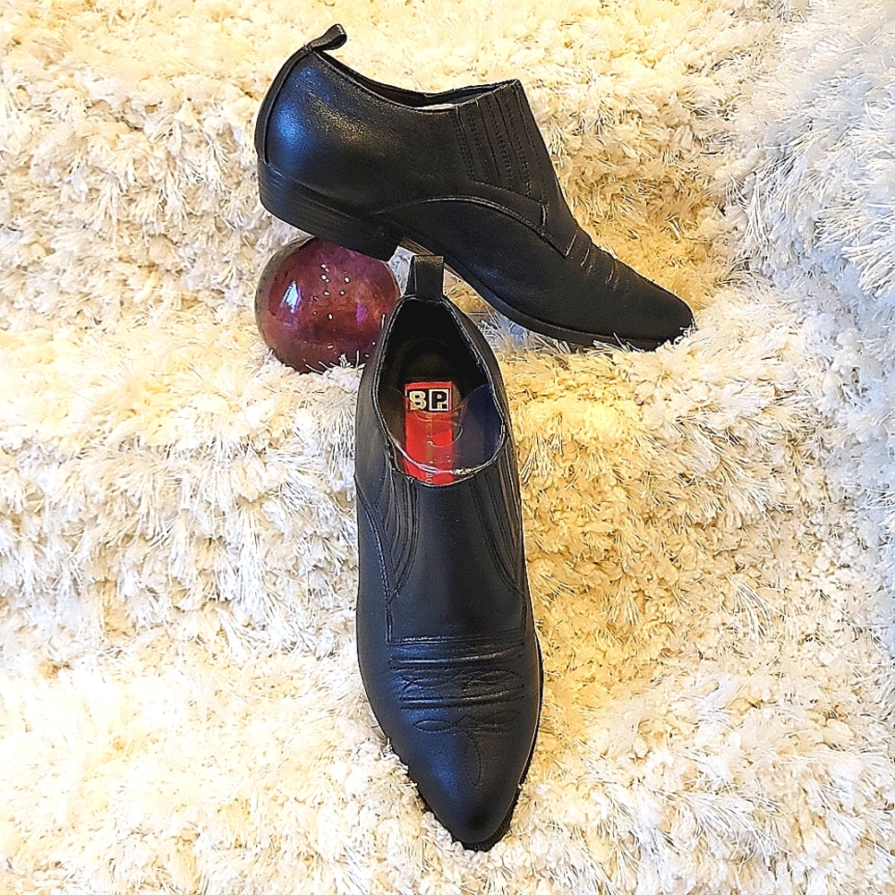Brass Plum Black Leather Ankle Booties